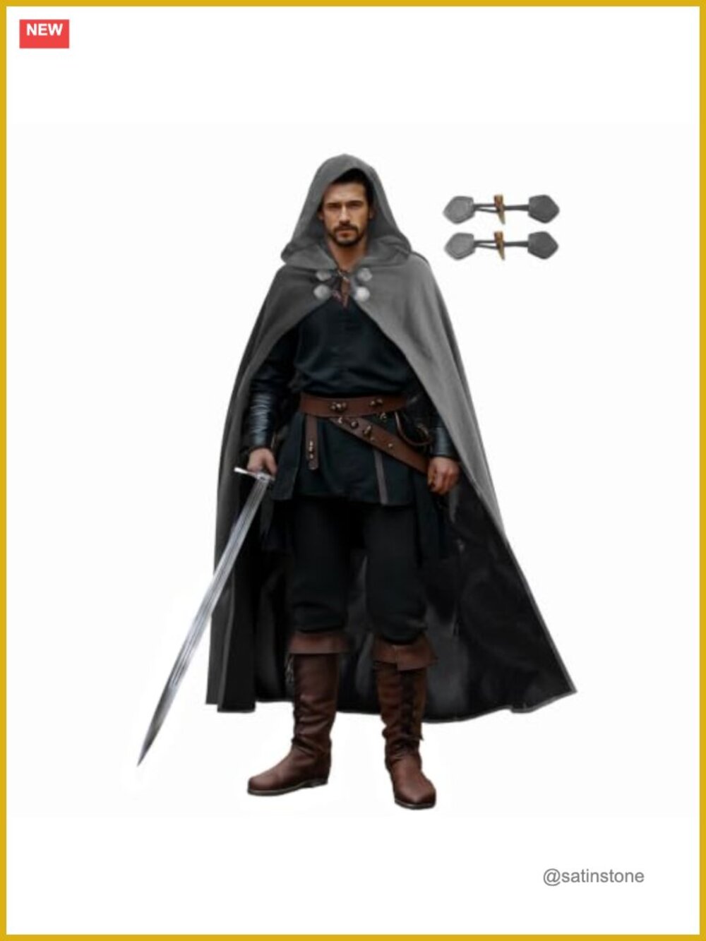 Velvet Hooded Renaissance Cloak with Lining & Horn Button Medieval Cape Robe